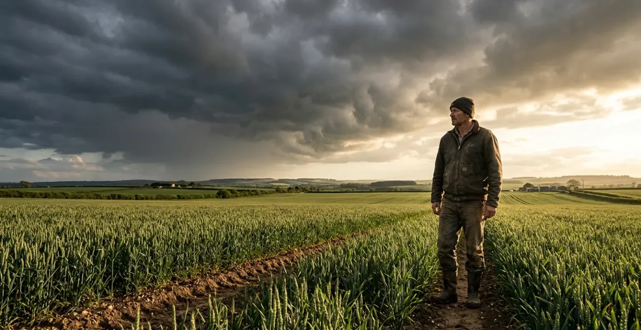 Agriculteur dans son champ avec un ciel orageux représentant les aléas climatiques menaçant la marge brute de son exploitation
