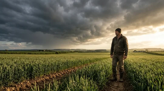 Agriculteur dans son champ avec un ciel orageux représentant les aléas climatiques menaçant la marge brute de son exploitation