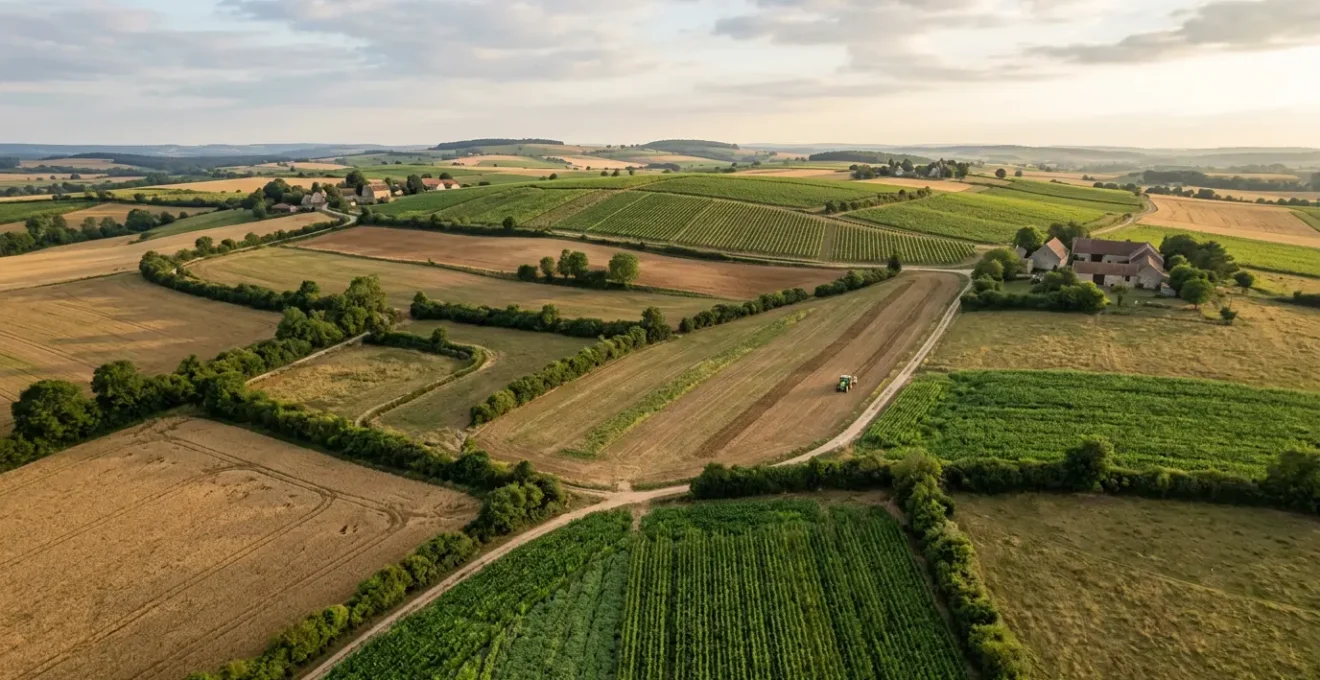 Vue aérienne d'une exploitation agricole française diversifiée avec parcelles cultivées et zones de protection