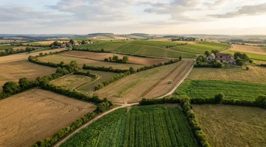 Vue aérienne d'une exploitation agricole française diversifiée avec parcelles cultivées et zones de protection