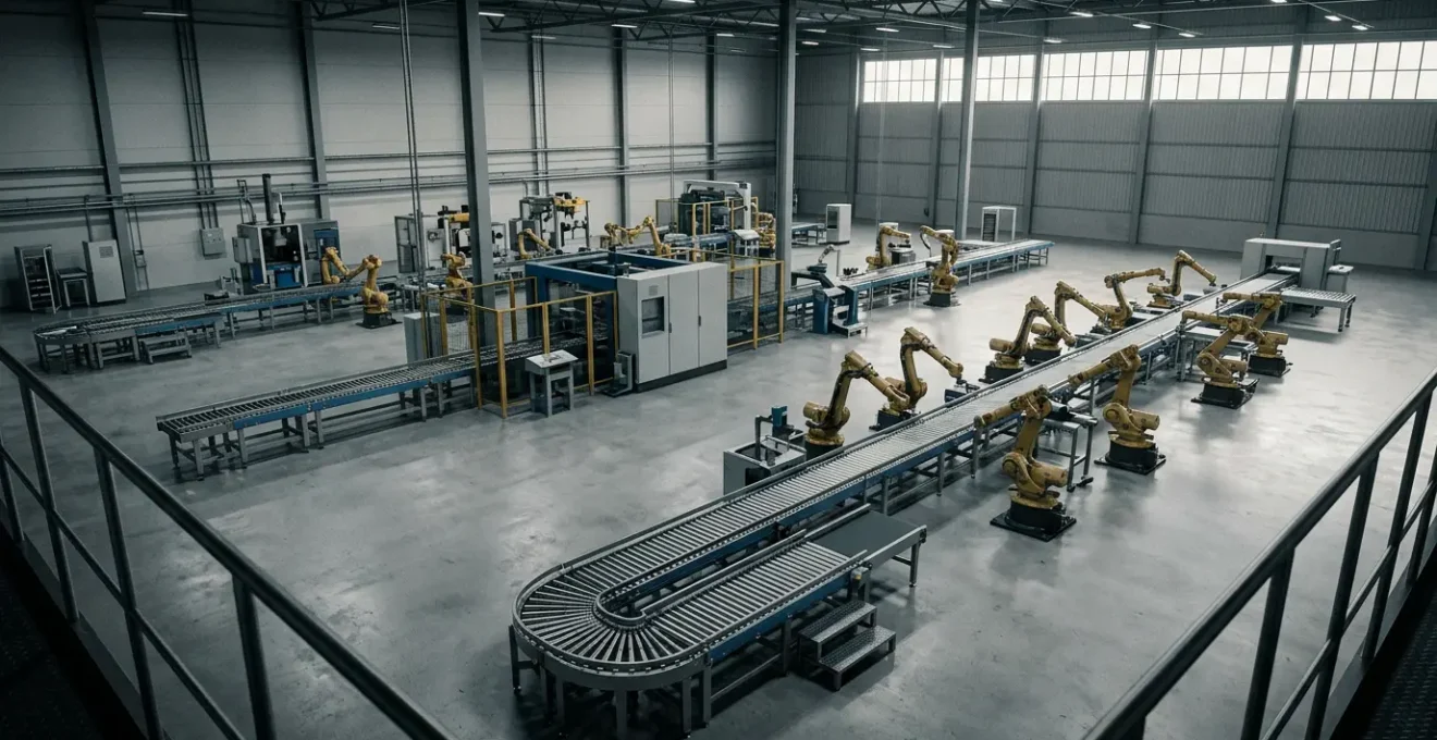 Chaîne de production industrielle moderne avec équipements arrêtés illustrant le risque de perte d'exploitation