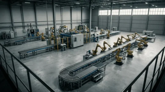 Chaîne de production industrielle moderne avec équipements arrêtés illustrant le risque de perte d'exploitation