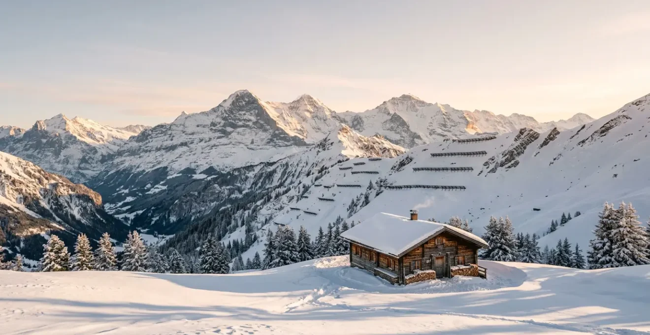 Chalet de montagne enneigé protégé par des infrastructures paravalanches en arrière-plan