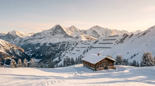 Chalet de montagne enneigé protégé par des infrastructures paravalanches en arrière-plan