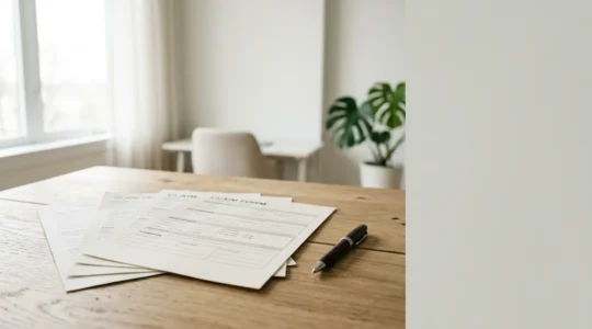 Document de contrat d'assurance et formulaire de déclaration de sinistre sur un bureau avec stylo