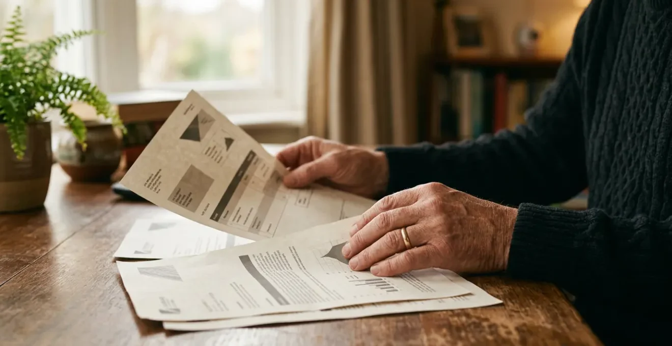 Professionnel examinant des documents d'assurance avec plans de renovation sur table