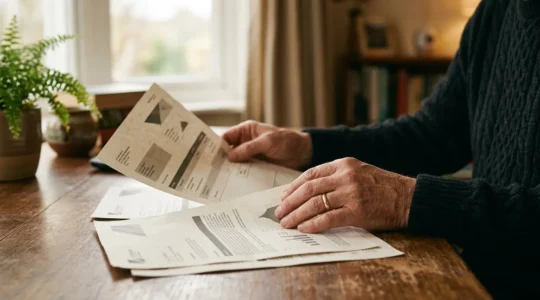 Professionnel examinant des documents d'assurance avec plans de renovation sur table