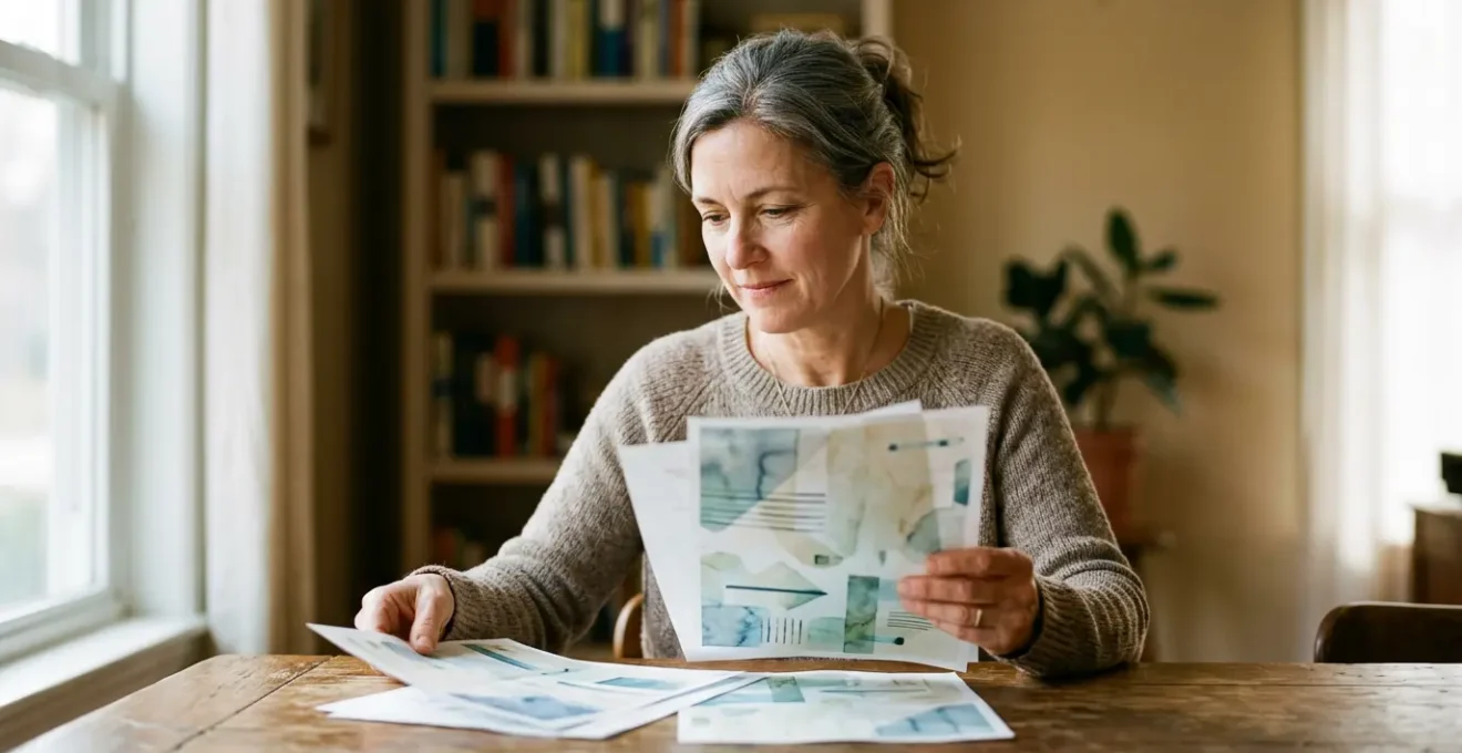 Personne concentrée analysant des documents d'assurance habitation avec une loupe, ambiance chaleureuse et professionnelle