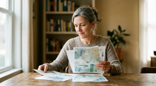 Personne concentrée analysant des documents d'assurance habitation avec une loupe, ambiance chaleureuse et professionnelle