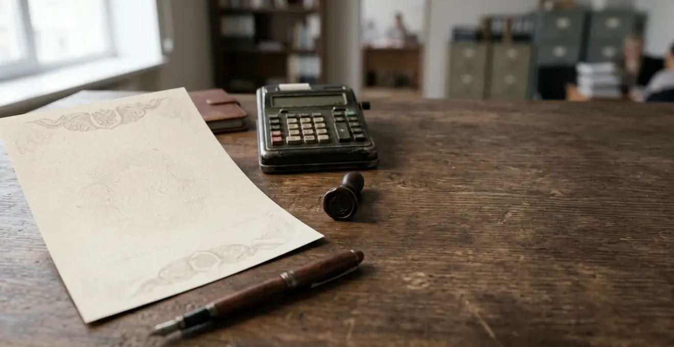 Document officiel de reconnaissance de catastrophe naturelle avec tampon administratif sur bureau en bois avec calculatrice et stylo