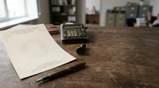 Document officiel de reconnaissance de catastrophe naturelle avec tampon administratif sur bureau en bois avec calculatrice et stylo
