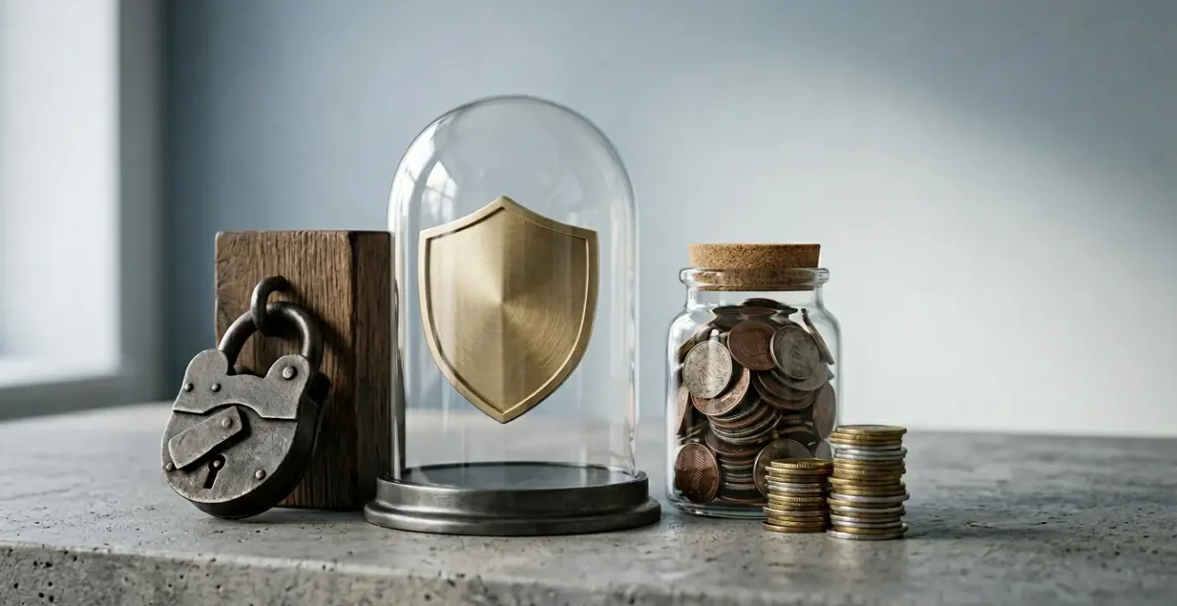 Concept visuel de la gestion globale des risques combinant assurance, prévention et épargne pour une sécurité financière totale