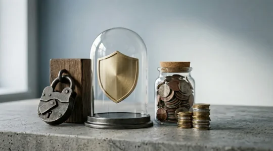 Concept visuel de la gestion globale des risques combinant assurance, prévention et épargne pour une sécurité financière totale