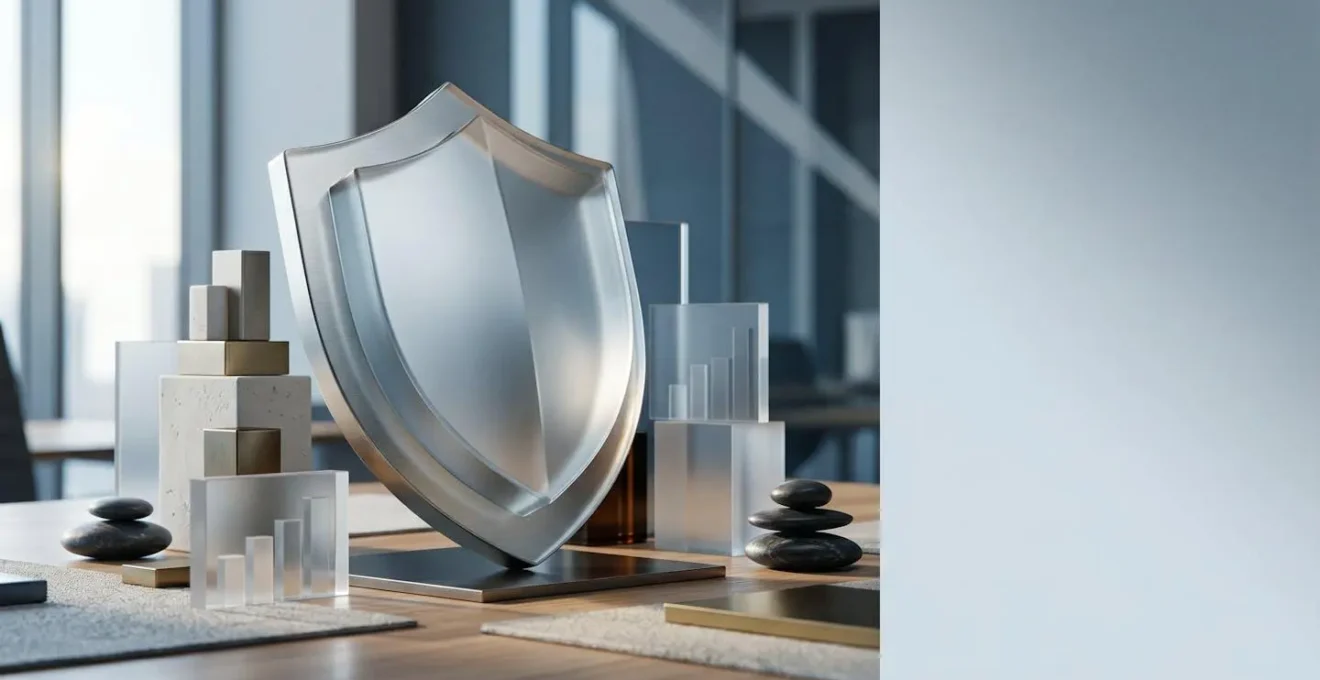 Vue d'ensemble d'un environnement professionnel avec des documents financiers et des éléments symboliques de protection et de stratégie d'entreprise