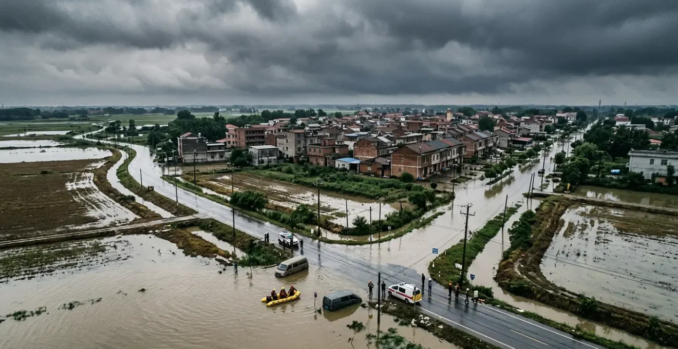 Vue panoramique montrant les conséquences d'une catastrophe naturelle sur un territoire urbain