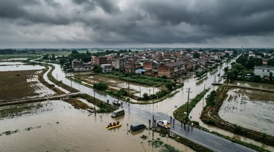 Vue panoramique montrant les conséquences d'une catastrophe naturelle sur un territoire urbain