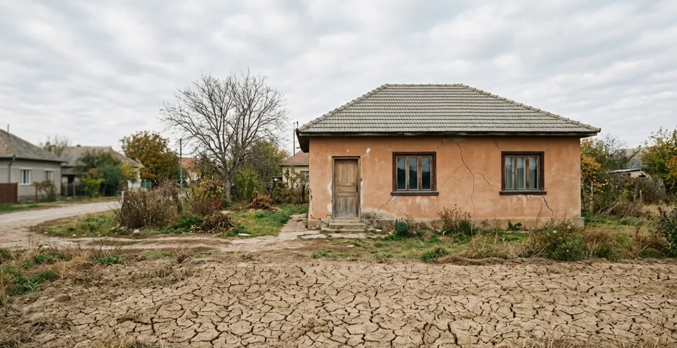 Maison individuelle avec murs fissurés causés par le retrait-gonflement des argiles suite à une sécheresse
