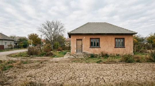 Maison individuelle avec murs fissurés causés par le retrait-gonflement des argiles suite à une sécheresse