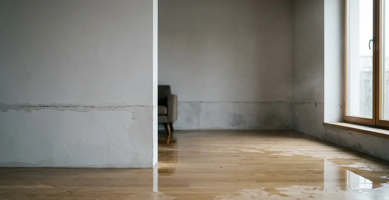 Intérieur d'une maison résidentielle touchée par une montée des eaux avec niveau d'inondation visible