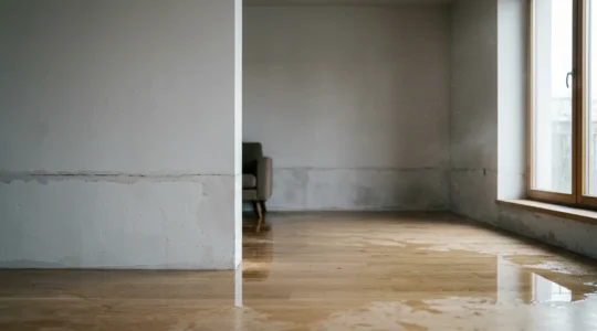 Intérieur d'une maison résidentielle touchée par une montée des eaux avec niveau d'inondation visible
