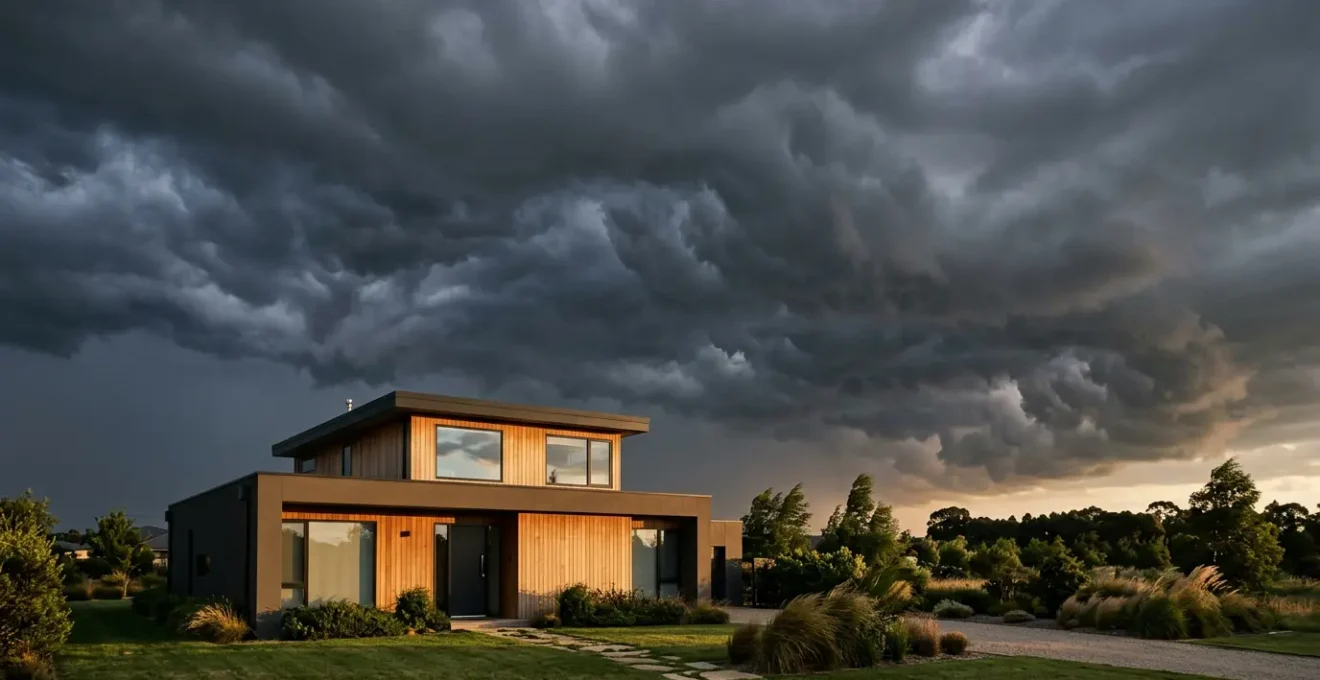 Maison contemporaine résidentielle sous un ciel de tempête avec nuages dramatiques, symbolisant la protection de l'habitat face aux aléas climatiques