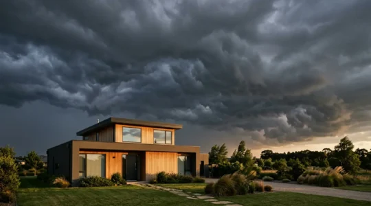 Maison contemporaine résidentielle sous un ciel de tempête avec nuages dramatiques, symbolisant la protection de l'habitat face aux aléas climatiques