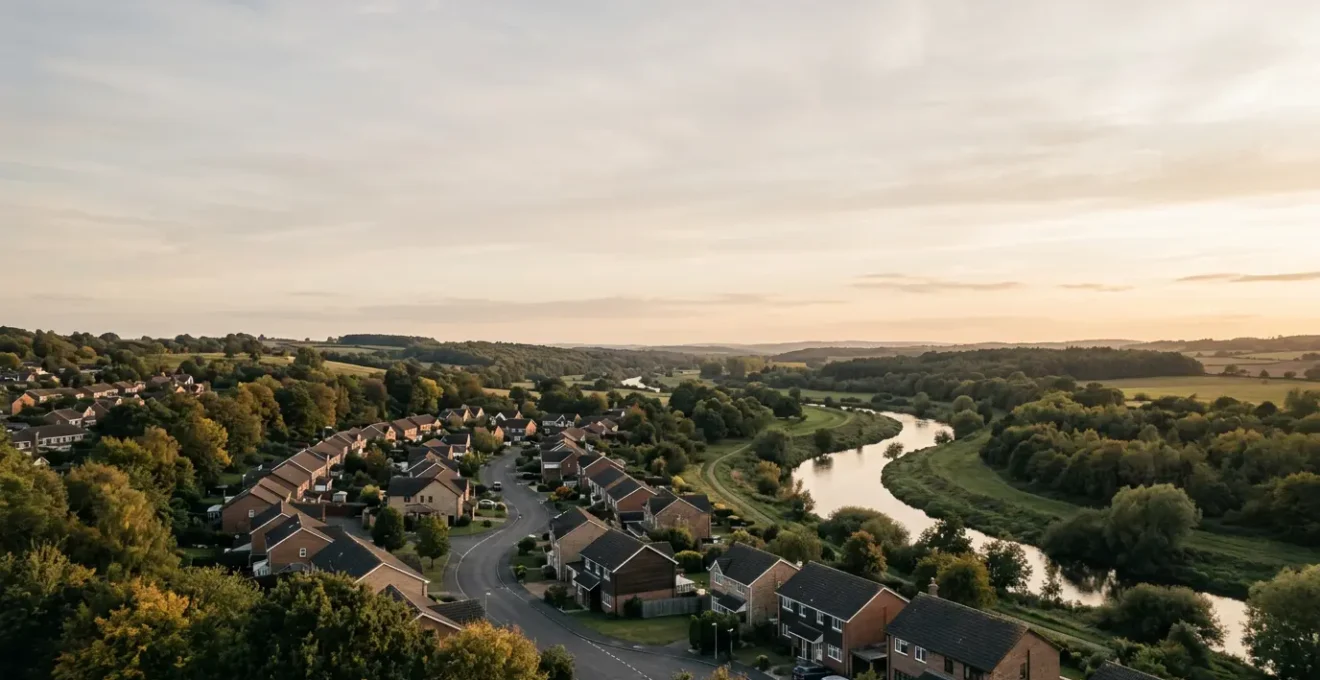 Vue aérienne d'une zone résidentielle avec carte topographique montrant les zones à risque d'inondation en France