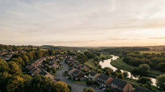Vue aérienne d'une zone résidentielle avec carte topographique montrant les zones à risque d'inondation en France