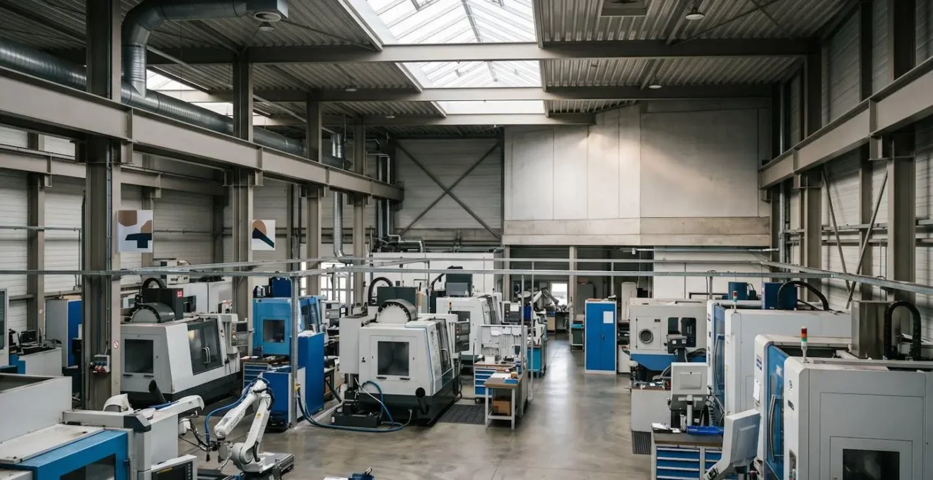 Vue éditoriale grand angle d'un environnement industriel avec machines de production et infrastructure, atmosphère professionnelle et sécurisée