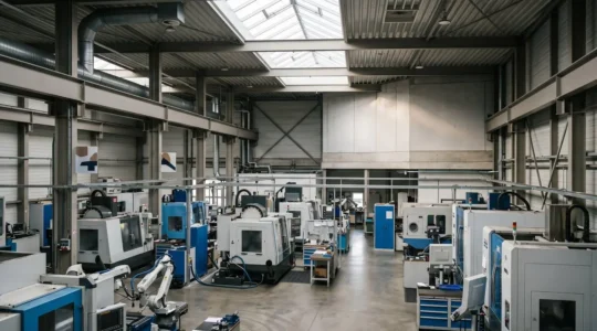 Vue éditoriale grand angle d'un environnement industriel avec machines de production et infrastructure, atmosphère professionnelle et sécurisée