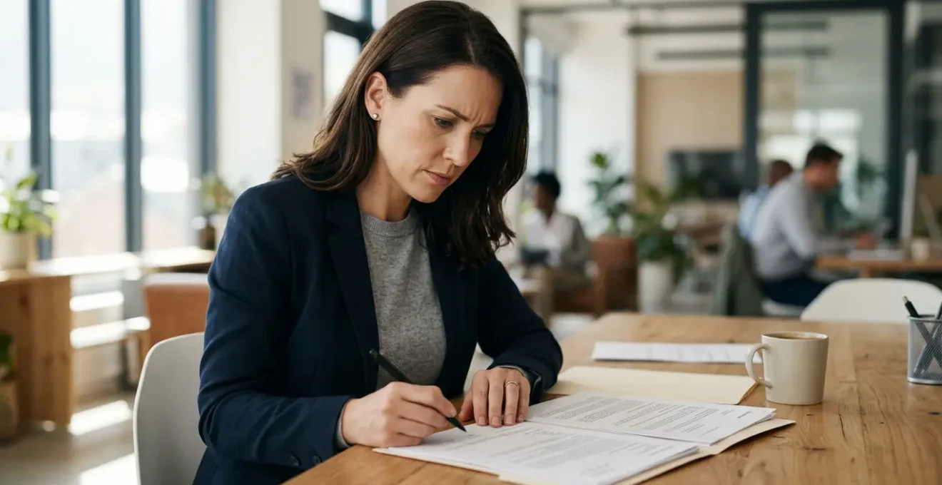 Professionnel examinant des documents d'assurance dans un environnement de travail moderne