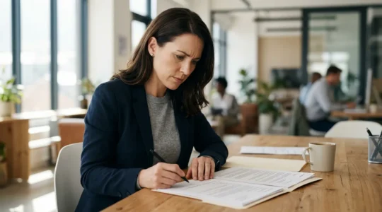 Professionnel examinant des documents d'assurance dans un environnement de travail moderne