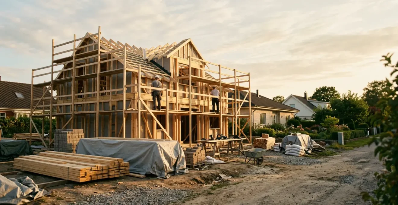 Chantier de reconstruction après sinistre majeur avec outils et matériaux