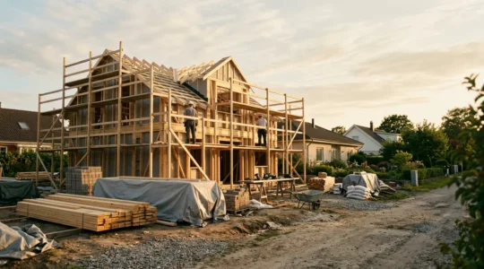 Chantier de reconstruction après sinistre majeur avec outils et matériaux