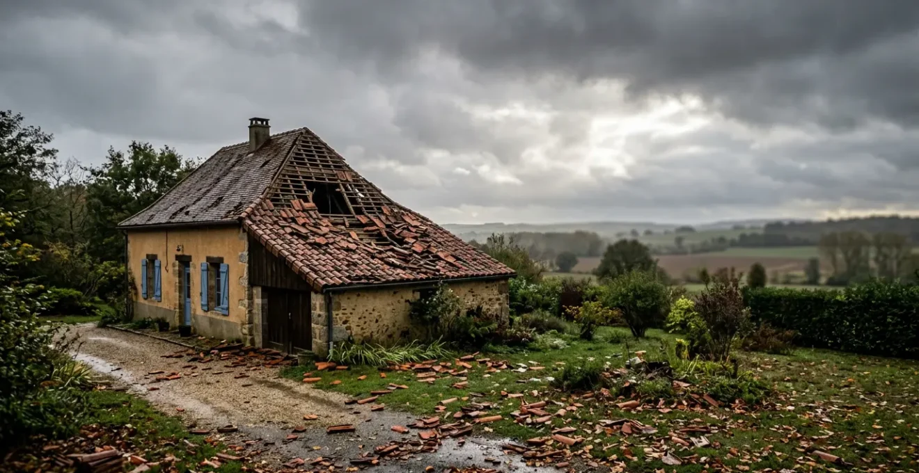 Toiture de maison endommagée par une tempête avec tuiles arrachées et débris