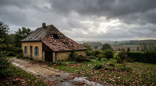 Toiture de maison endommagée par une tempête avec tuiles arrachées et débris