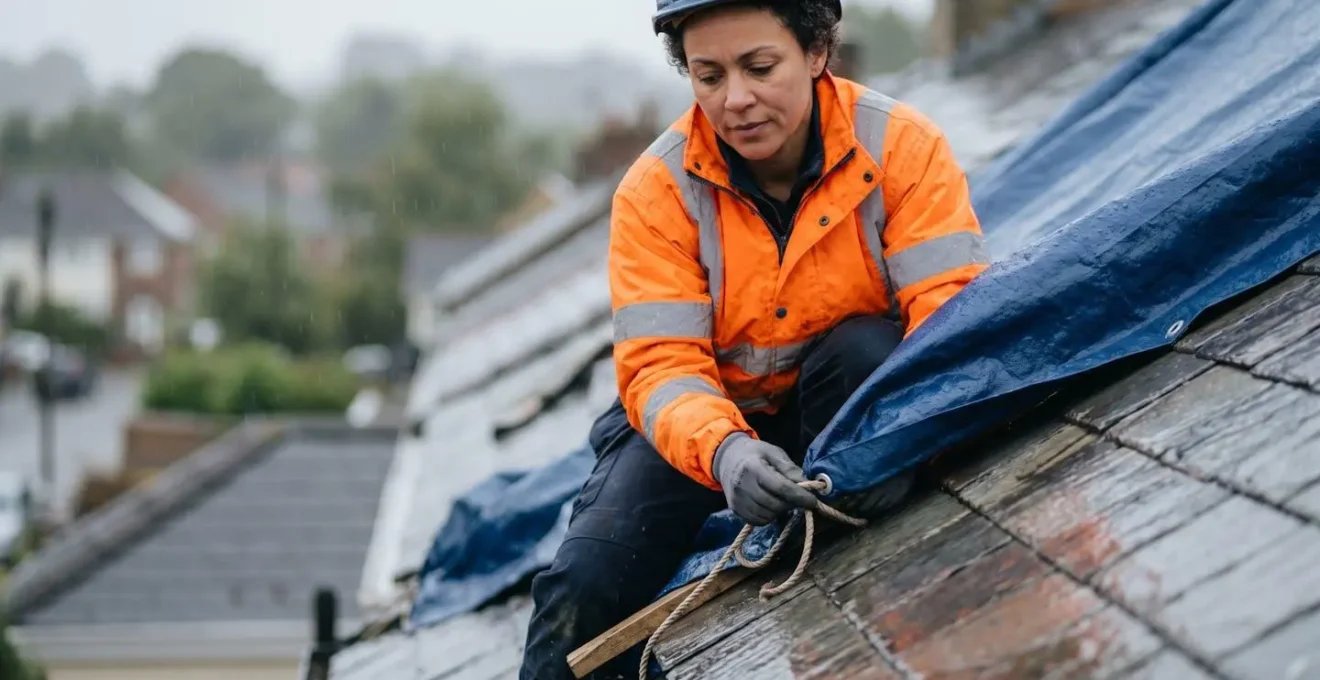 Intervention professionnelle de bâchage sur une toiture endommagée après tempête
