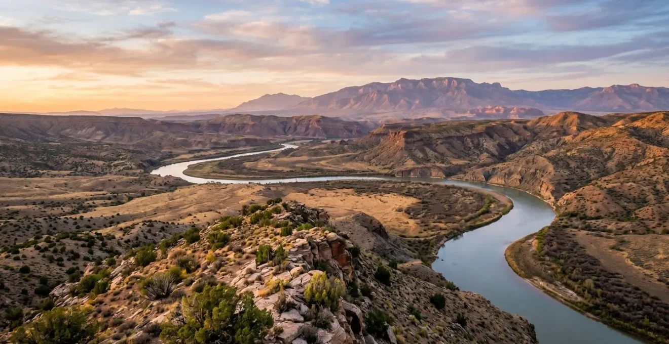 Vue d'ensemble d'un paysage fluvial montrant les différentes zones d'exposition aux inondations