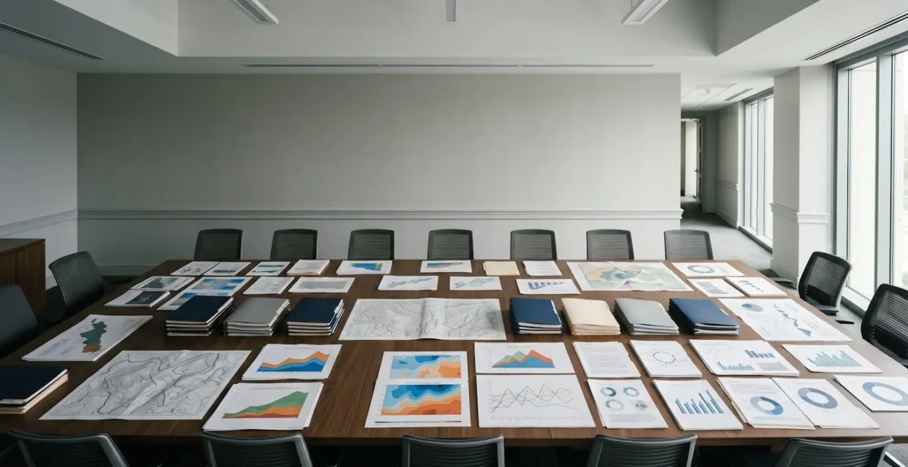 Scène de réunion administrative avec documents techniques et cartes météorologiques pour l'analyse de catastrophe naturelle