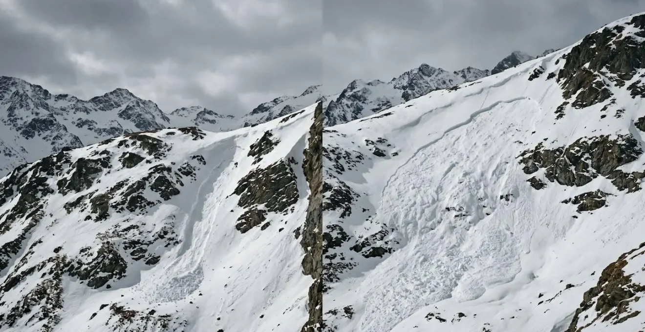 Représentation visuelle de la distinction entre coulée de neige et avalanche en montagne