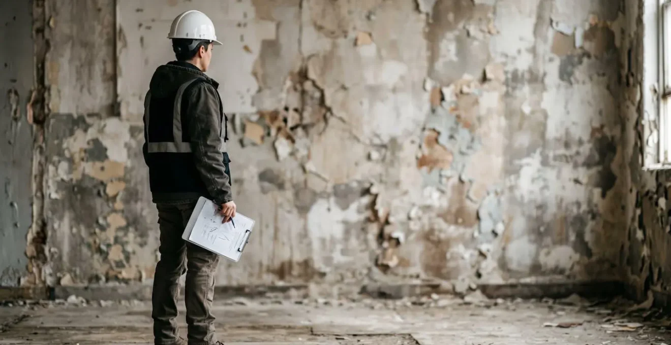 Expert en assurance évaluant des dommages structurels dans une propriété, illustrant la distinction entre valeur de reconstruction et valeur vénale