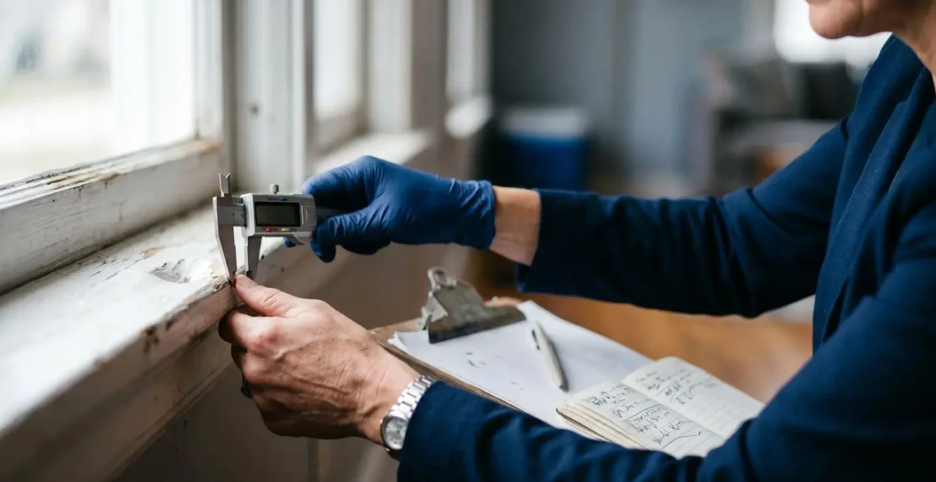 Expert examinant attentivement des dégâts matériels lors d'une expertise d'assurance