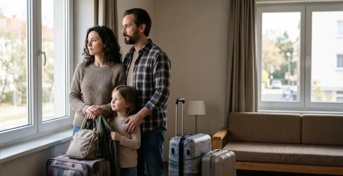 Famille avec valises dans un interieur temporaire lumineux regardant par la fenetre avec espoir