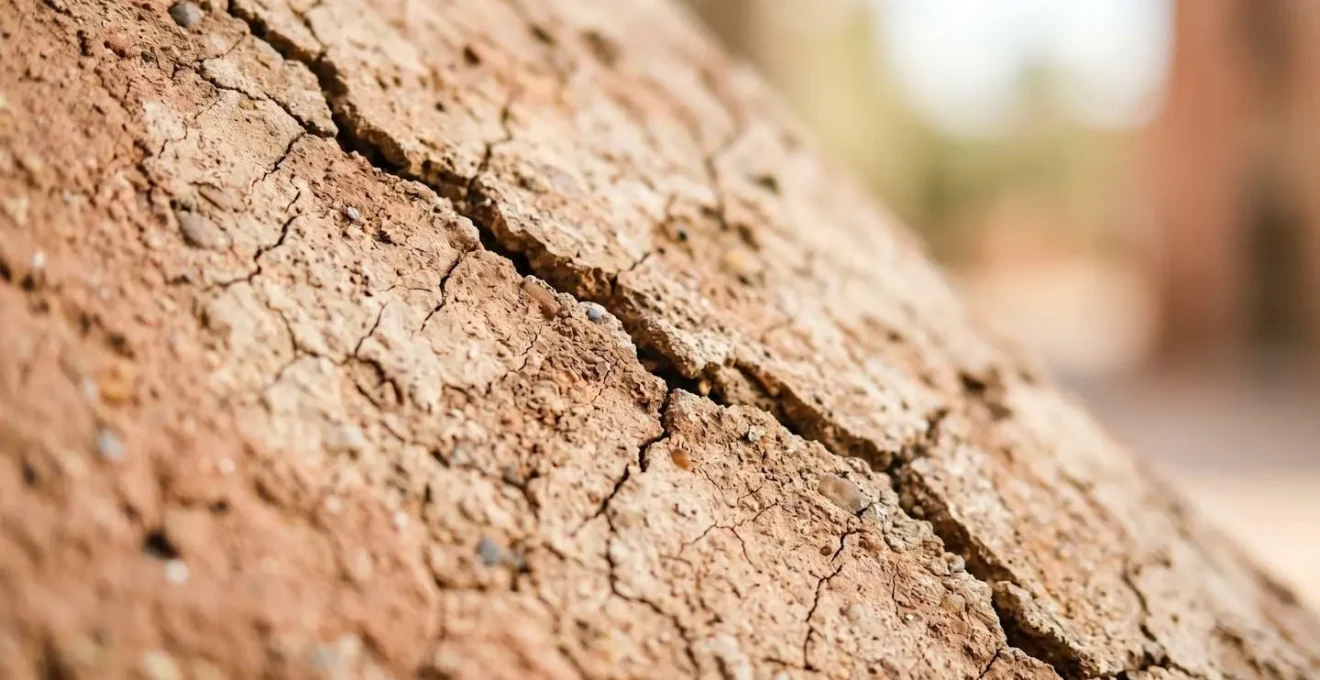 Gros plan sur les fissures et textures d'un mur en raison du retrait-gonflement des argiles