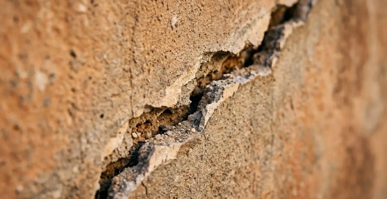 Gros plan sur une fissure structurelle en escalier sur un mur extérieur de maison causée par le retrait-gonflement des argiles