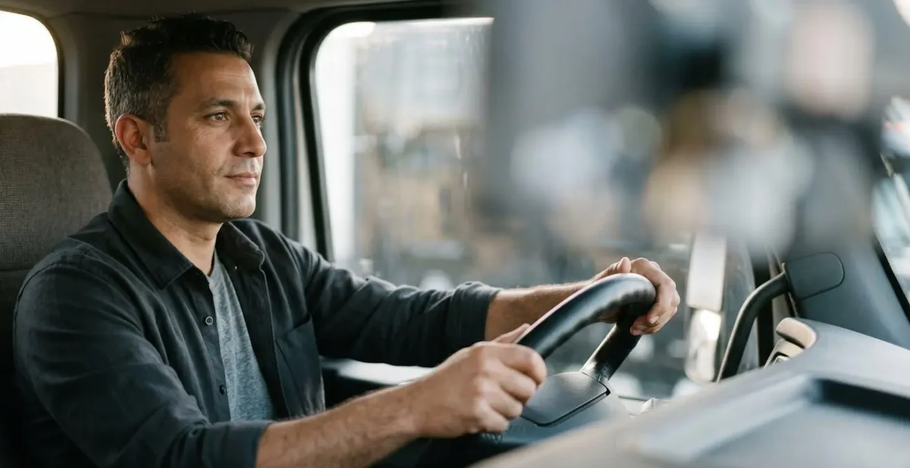 Portrait serré en gros plan d'un conducteur professionnel au volant, émotion concentrée et responsabilité