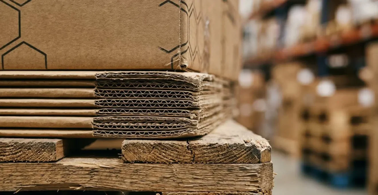 Détail macro texturel de palettes de marchandises dans un entrepôt, accent sur la matérialité et les volumes
