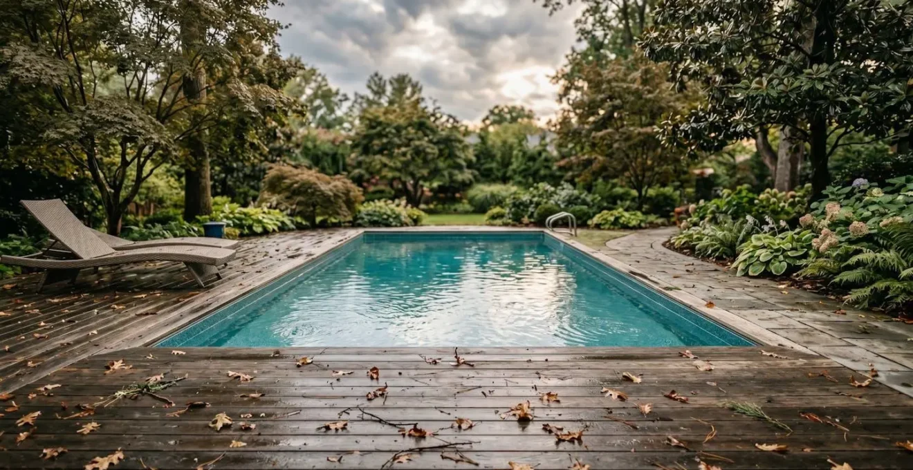 Jardin résidentiel avec piscine creusée et aménagements paysagers après un épisode de grêle, montrant l'importance de l'assurance des espaces extérieurs