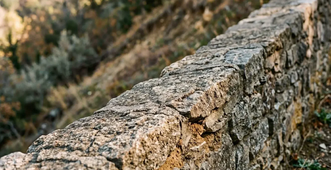 Mur de soutènement en pierre présentant des signes de déformation sur terrain en pente