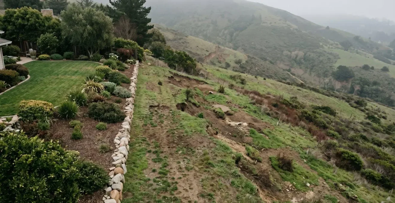 Limite de propriété sur terrain en pente montrant l'érosion et la perte progressive de surface